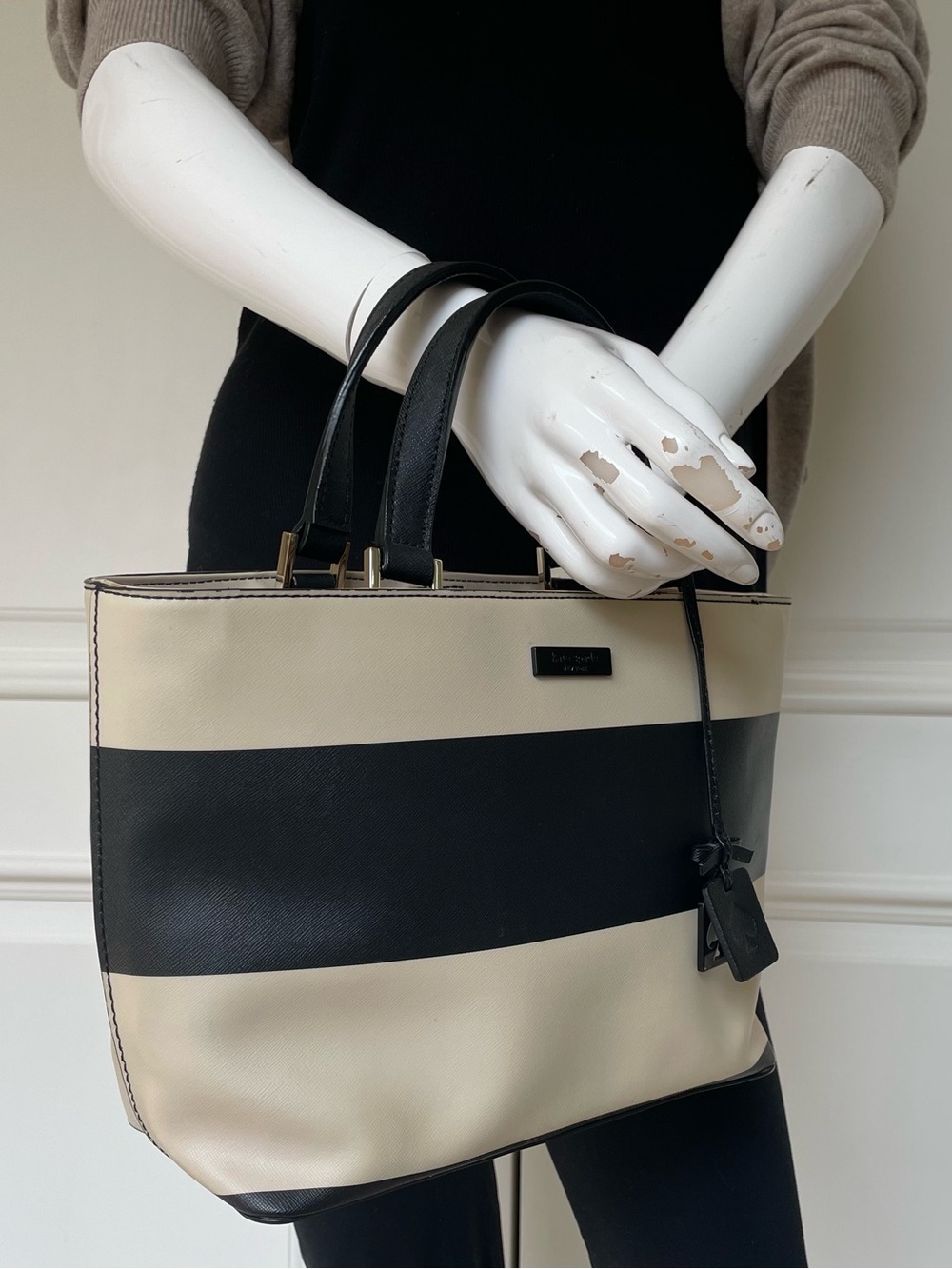 Kate Spade Cameron St. Colour Block Satchel Black Cream Crossgrain Leather Tote